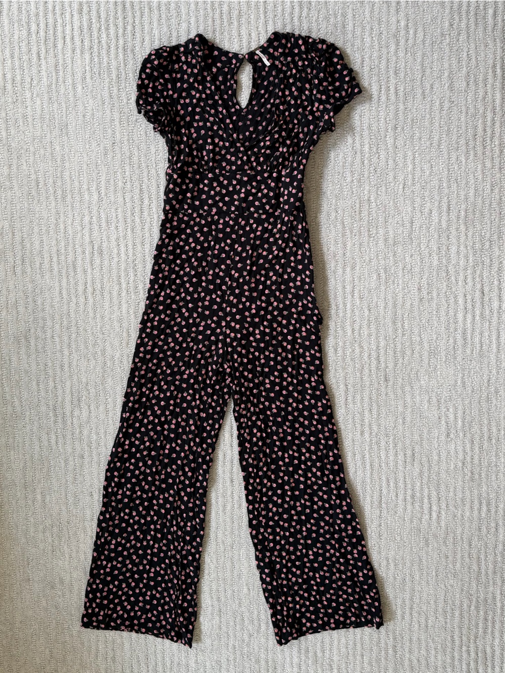 FREE PEOPLE Black Floral Short-Sleeve V-Neck Jumpsuit